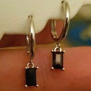 925 STERLING SILVER BLACK ONYX CRYSTAL DIAMOND CZ DANGLE HUGGIE HOOPS☆NEW